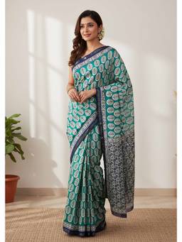 URBAN PALLU - Women Pure Cotton Green Printed Saree