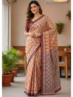 URBAN PALLU - Women Pure Cotton Orange Printed Saree
