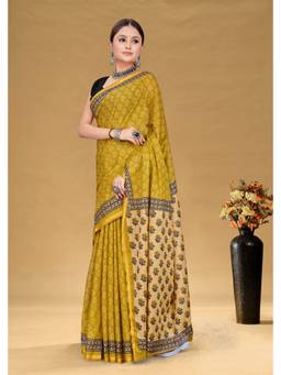 URBAN PALLU - Women Pure Cotton Yellow Printed Saree