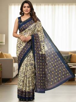 URBAN PALLU - Women Pure Cotton Blue Printed Saree