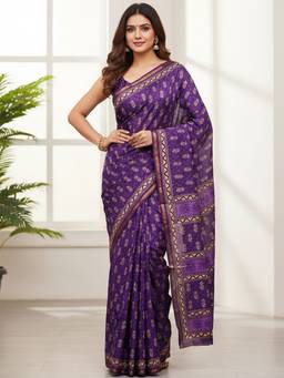 URBAN PALLU - Women Pure Cotton Purple Printed Saree