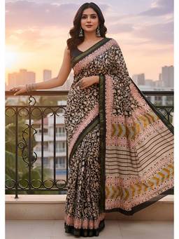 URBAN PALLU - Women Pure Cotton Black Printed Saree