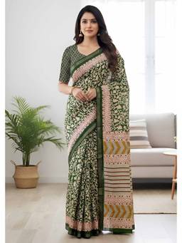 URBAN PALLU - Women Pure Cotton Green Printed Saree