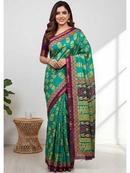 URBAN PALLU - Women Pure Cotton Green Printed Saree