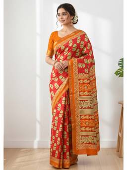 URBAN PALLU - Women Pure Cotton Orange Printed Saree