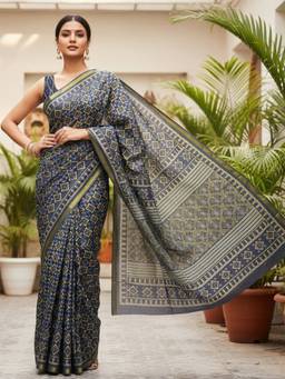 URBAN PALLU - Women Pure Cotton Grey Printed Saree