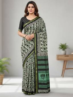 URBAN PALLU - Women Pure Cotton Green Printed Saree