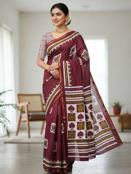 URBAN PALLU - Women Pure Cotton Maroon Printed Saree