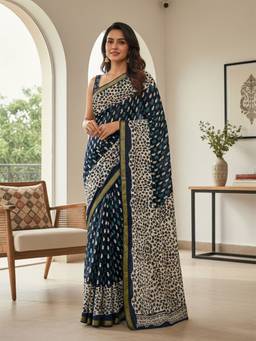 URBAN PALLU - Women Pure Cotton Indigo Printed Saree