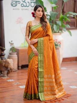 Sutriti - Women Silk Mustard Handloom Saree