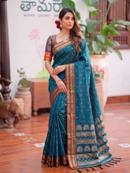 Sutriti - Women Silk Teal Handloom Saree