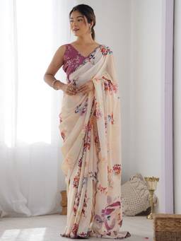 URBAN PALLU - Women Poly Georgette Off White Printed Saree