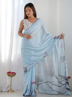 URBAN PALLU - Women Poly Georgette Blue Printed Saree