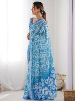 URBAN PALLU - Women Poly Georgette Blue Printed Saree