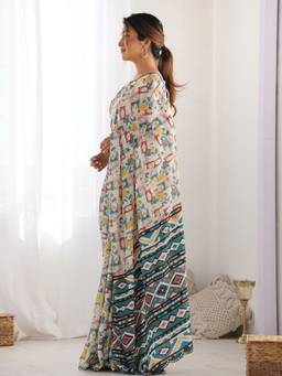 URBAN PALLU - Women Poly Georgette White Printed Saree
