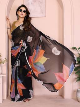 URBAN PALLU - Women Chiffon Black Printed Saree