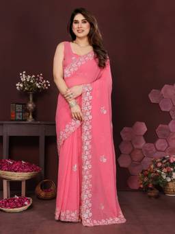 URBAN PALLU - Women Poly Georgette Pink Embroidered Saree
