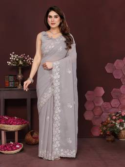 URBAN PALLU - Women Poly Georgette Grey Embroidered Saree