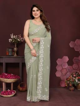 URBAN PALLU - Women Poly Georgette Green Embroidered Saree