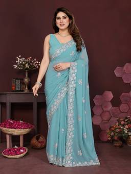 URBAN PALLU - Women Poly Georgette Blue Embroidered Saree