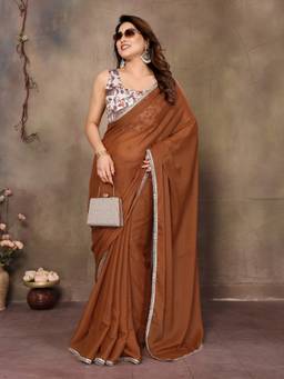 URBAN PALLU - Women Poly Georgette Brown Solid/Plain Saree