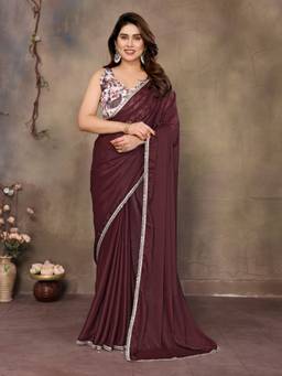 URBAN PALLU - Women Poly Georgette Burgundy Solid/Plain Saree