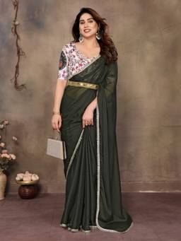 URBAN PALLU - Women Poly Georgette Green Solid/Plain Saree