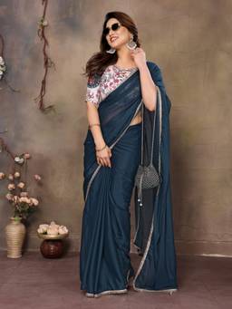URBAN PALLU - Women Poly Georgette Teal Solid/Plain Saree