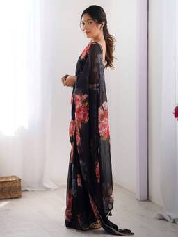 URBAN PALLU - Women Chiffon Black Printed Saree
