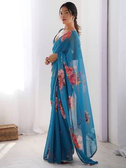 URBAN PALLU - Women Chiffon Blue Printed Saree