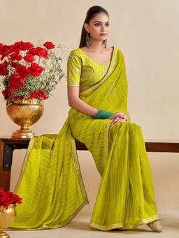 URBAN PALLU - Women Poly Georgette Olive Embroidered Saree