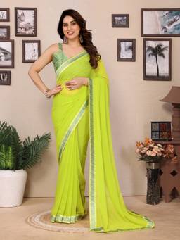 URBAN PALLU - Women Chiffon Green Solid/Plain Saree