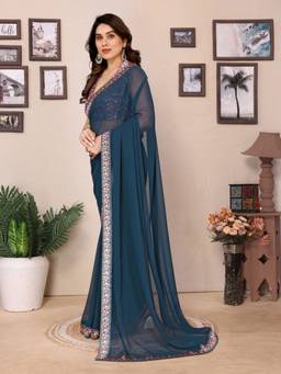 URBAN PALLU - Women Chiffon Teal Solid/Plain Saree