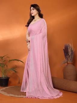 URBAN PALLU - Women Poly Georgette Pink Printed Saree