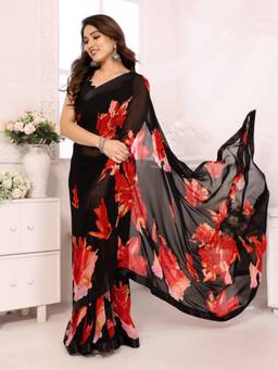URBAN PALLU - Women Chiffon Black Printed Saree