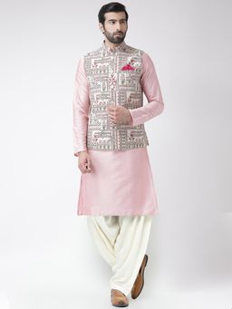 KISAH - Men White & Pink Printed Cotton Blend Kurta Jacket Patiyala Set