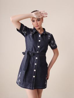 GAURI DESIGNER APPARELS - Blue Denim Embroidered Mini Dress with Belt (Set of 2)