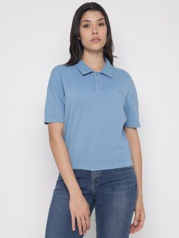 Guess - Women Blue Solid Polo T-Shirt