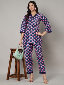 SWI STYLISH - Women'S Formal Navy Blue Printed V- Neck Co Ord Set (Set Of 2)