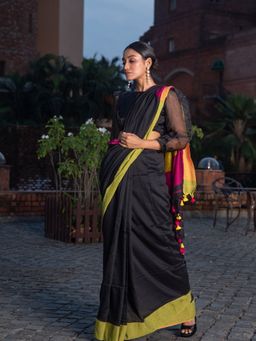 Beatitude - Black Shade Cotton Saree With Unstitched Blouse