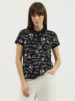 United Colors of Benetton - Women Black Printed Polo T-Shirt
