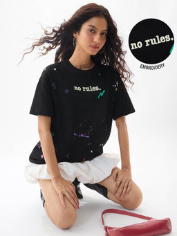 The Souled Store - Women Black Embroidered T-Shirt