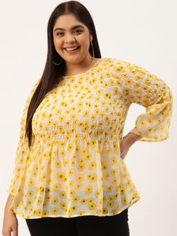 theRebelinme - Womens Yellow andOff White Floral Print Smocked Georgette A-line Top