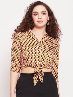Madame - Orange Printed Collar Neck Crop Tops