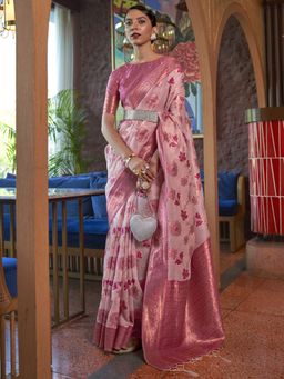 Akhilam - Womens Organza Pink Woven Designer Saree with Unstitched Blouse