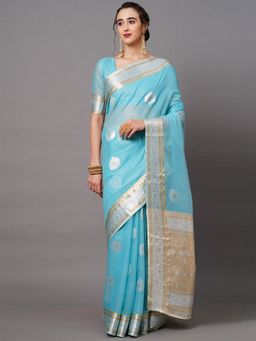 Odette - Sky Blue Festive Silk Blend Woven Design Saree with Unstitched Blouse