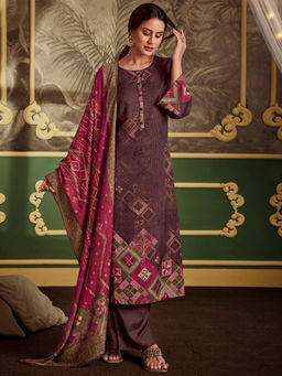 Stylee LIFESTYLE - Brown Pashmina Digital Printed Unstitched Dress Material (Set of 3)