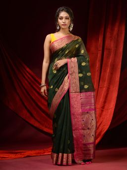 CHARUKRITI - Juniper Green Muslin Handwoven Ethnic Motifs & Zari Designs Saree with Unstitched Blouse