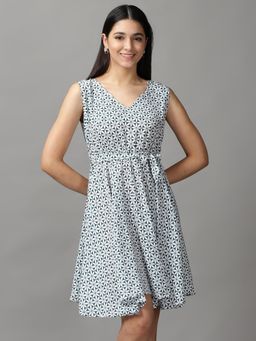 SHOWOFF - Womens V-Neck Knee Length Green Printed Dress (Set of 2)