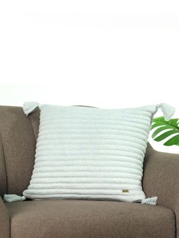 PLUCHI - Bar Blue Melange Cotton Knitted Quilted Cushion With Tassels 18 x 18 Inches Cushion Cover